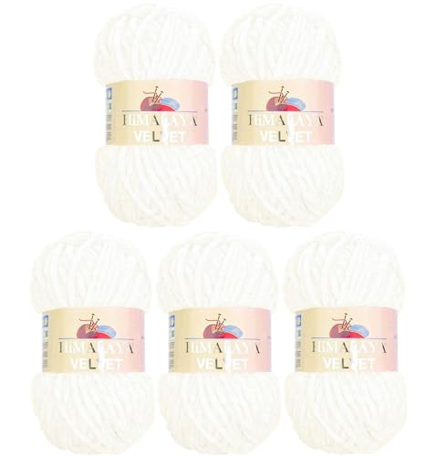 Himalaya Velvet Wolle – 100% Micro-Polyester, 5 x100gr, 120m, Stärke 6 Super Bulky, Nadeln 8mm, Ideal für Pullover, Schals, Mützen & Heimtextilien - Weiss 90001 von Strickfein