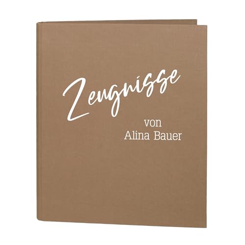 Striefchen® Dokumentenmappe personalisiert mit Name und Wunschtext – Leinenstoff – 5 Farben zur Auswahl – DIN A4 – 4-Ring-Ordner für Schüler, Studenten, Büro zur Aufbewahrung Dokumenten (Braun) von Striefchen