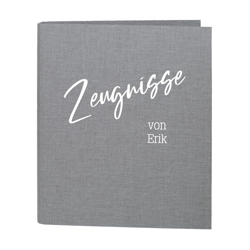 Striefchen® Dokumentenmappe personalisiert mit Name und Wunschtext – Leinenstoff – 5 Farben zur Auswahl – DIN A4 – 4-Ring-Ordner für Schüler, Studenten, Büro zur Aufbewahrung Dokumenten (Grau) von Striefchen