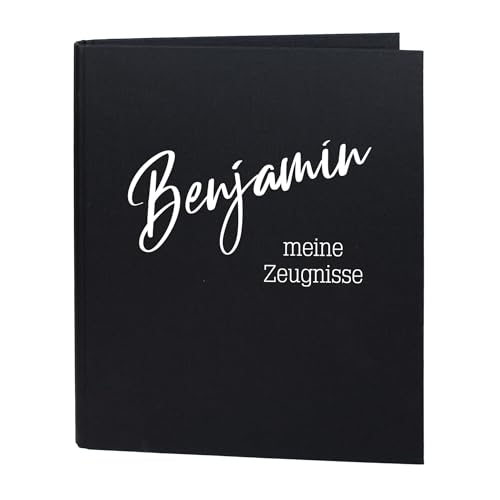 Striefchen® Dokumentenmappe personalisiert mit Name und Wunschtext – Leinenstoff – 5 Farben zur Auswahl – DIN A4 – 4-Ring-Ordner für Schüler, Studenten, Büro zur Aufbewahrung Dokumenten (Schwarz) von Striefchen