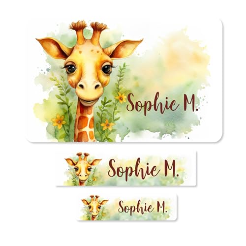 Striefchen® Personalisierte Schulaufkleber für Kinder – 100 Stück – Namensetiketten mit Wunschname – Verschiedene Motive – Aufkleber für Schule & Kita (Giraffe) von Striefchen