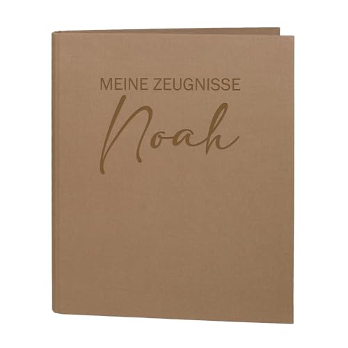 Striefchen® Personalisierte Zeugnismappe für Kinder mit Gravur – DIN A4 Ringordner mit Leinenstoff – 5 Farben – Name individuell gravierbar – Dokumentenmappe „Meine Zeugnisse“ (Braun) von Striefchen