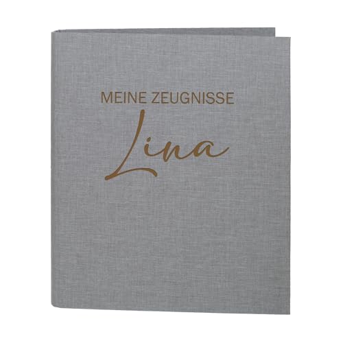 Striefchen® Personalisierte Zeugnismappe für Kinder mit Gravur – DIN A4 Ringordner mit Leinenstoff – 5 Farben – Name individuell gravierbar – Dokumentenmappe „Meine Zeugnisse“ (Grau) von Striefchen