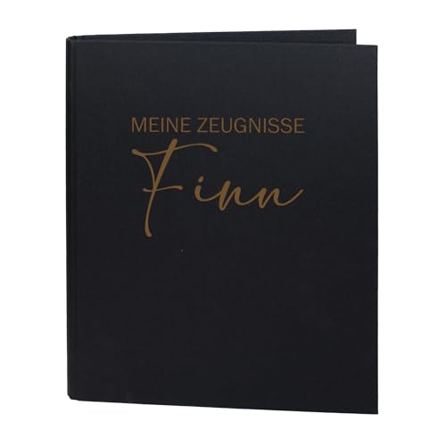 Striefchen® Personalisierte Zeugnismappe für Kinder mit Gravur – DIN A4 Ringordner mit Leinenstoff – 5 Farben – Name individuell gravierbar – Dokumentenmappe „Meine Zeugnisse“ (Schwarz) von Striefchen