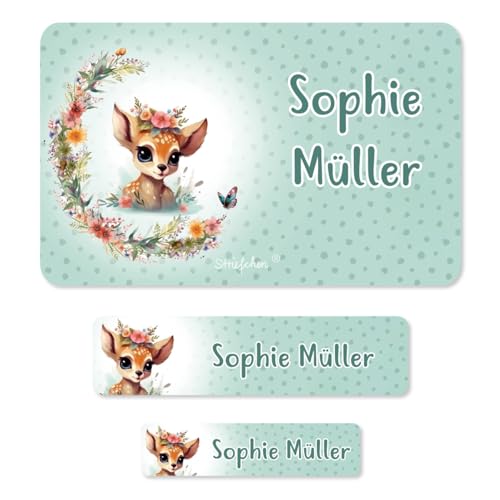Striefchen® Schuletiketten für Mädchen, 100 Stück, personalisiert mit Namen Reh-Motiv von Striefchen