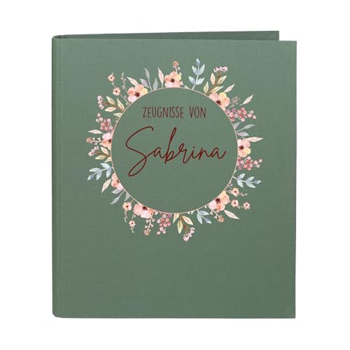 Striefchen® Zeugnismappe personalisiert mit Name – Leinenstoff – 5 Farben zur Auswahl – Blumenkranz-Motiv – DIN A4 – 4-Ring-Ordner für Mädchen – Mappe zur Aufbewahrung von Schulzeugnissen (Grün) von Striefchen