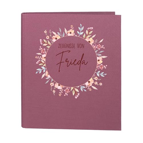 Striefchen® Zeugnismappe personalisiert mit Name – Leinenstoff – 5 Farben zur Auswahl – Blumenkranz-Motiv – DIN A4 – 4-Ring-Ordner für Mädchen – Mappe zur Aufbewahrung von Schulzeugnissen (Rosa) von Striefchen