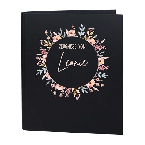 Striefchen® Zeugnismappe personalisiert mit Name – Leinenstoff – 5 Farben zur Auswahl – Blumenkranz-Motiv – DIN A4 – 4-Ring-Ordner für Mädchen – Mappe zur Aufbewahrung von Schulzeugnissen (Schwarz) von Striefchen