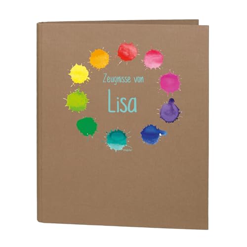 Striefchen® Zeugnismappe personalisiert mit Name – Leinenstoff – 5 Farben zur Auswahl – Farbkleckse-Motiv – DIN A4 – 4-Ring-Ordner für Kinder – Mappe zur Aufbewahrung von Schulzeugnissen (Braun) von Striefchen