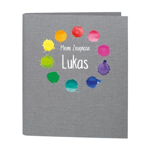 Striefchen® Zeugnismappe personalisiert mit Name – Leinenstoff – 5 Farben zur Auswahl – Farbkleckse-Motiv – DIN A4 – 4-Ring-Ordner für Kinder – Mappe zur Aufbewahrung von Schulzeugnissen (Grau) von Striefchen