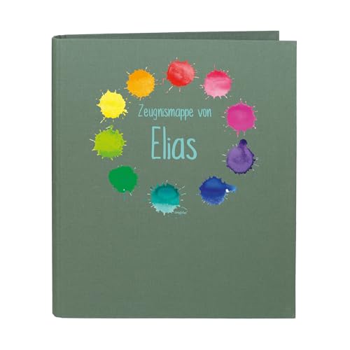 Striefchen® Zeugnismappe personalisiert mit Name – Leinenstoff – 5 Farben zur Auswahl – Farbkleckse-Motiv – DIN A4 – 4-Ring-Ordner für Kinder – Mappe zur Aufbewahrung von Schulzeugnissen (Grün) von Striefchen