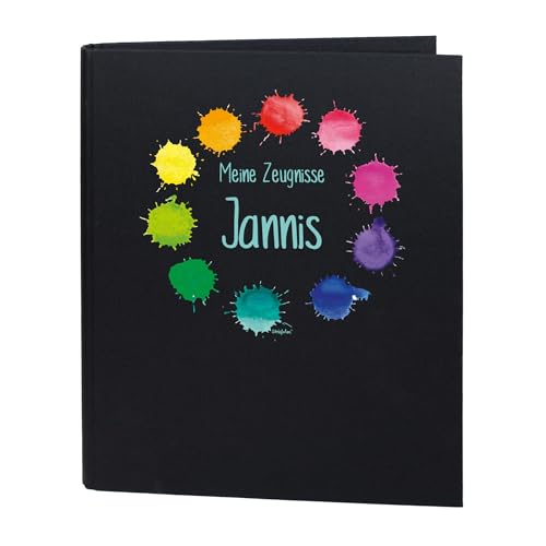Striefchen® Zeugnismappe personalisiert mit Name – Leinenstoff – 5 Farben zur Auswahl – Farbkleckse-Motiv – DIN A4 – 4-Ring-Ordner für Kinder – Mappe zur Aufbewahrung von Schulzeugnissen (Schwarz) von Striefchen