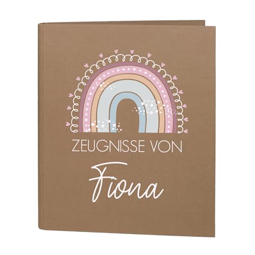 Striefchen® Zeugnismappe personalisiert mit Name – Leinenstoff – 5 Farben zur Auswahl – Regenbogen-Motiv – DIN A4 – 4-Ring-Ordner für Kinder – Mappe zur Aufbewahrung von Schulzeugnissen (Braun) von Striefchen