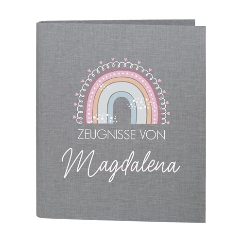 Striefchen® Zeugnismappe personalisiert mit Name – Leinenstoff – 5 Farben zur Auswahl – Regenbogen-Motiv – DIN A4 – 4-Ring-Ordner für Kinder – Mappe zur Aufbewahrung von Schulzeugnissen (Grau) von Striefchen