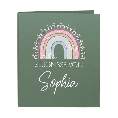 Striefchen® Zeugnismappe personalisiert mit Name – Leinenstoff – 5 Farben zur Auswahl – Regenbogen-Motiv – DIN A4 – 4-Ring-Ordner für Kinder – Mappe zur Aufbewahrung von Schulzeugnissen (Grün) von Striefchen