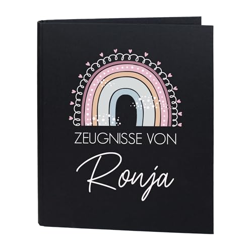 Striefchen® Zeugnismappe personalisiert mit Name – Leinenstoff – 5 Farben zur Auswahl – Regenbogen-Motiv – DIN A4 – 4-Ring-Ordner für Kinder – Mappe zur Aufbewahrung von Schulzeugnissen (Schwarz) von Striefchen