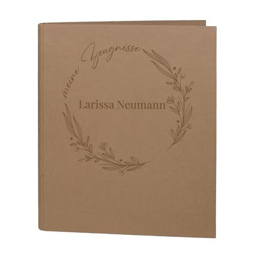 Striefchen® Zeugnismappe personalisiert mit Name – Leinenstoff – 5 Farben zur Auswahl – florales Line Art Motiv – DIN A4 – 4-Ring-Ordner für Schüler zur Aufbewahrung von Schulzeugnissen (Braun) von Striefchen