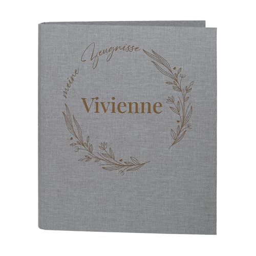 Striefchen® Zeugnismappe personalisiert mit Name – Leinenstoff – 5 Farben zur Auswahl – florales Line Art Motiv – DIN A4 – 4-Ring-Ordner für Schüler zur Aufbewahrung von Schulzeugnissen (Grau) von Striefchen