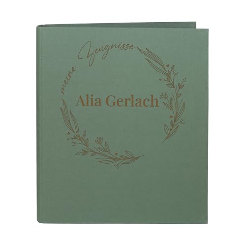 Striefchen® Zeugnismappe personalisiert mit Name – Leinenstoff – 5 Farben zur Auswahl – florales Line Art Motiv – DIN A4 – 4-Ring-Ordner für Schüler zur Aufbewahrung von Schulzeugnissen (Grün) von Striefchen