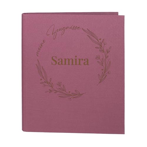 Striefchen® Zeugnismappe personalisiert mit Name – Leinenstoff – 5 Farben zur Auswahl – florales Line Art Motiv – DIN A4 – 4-Ring-Ordner für Schüler zur Aufbewahrung von Schulzeugnissen (Rosa) von Striefchen