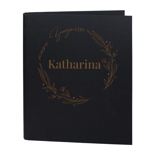 Striefchen® Zeugnismappe personalisiert mit Name – Leinenstoff – 5 Farben zur Auswahl – florales Line Art Motiv – DIN A4 – 4-Ring-Ordner für Schüler zur Aufbewahrung von Schulzeugnissen (Schwarz) von Striefchen