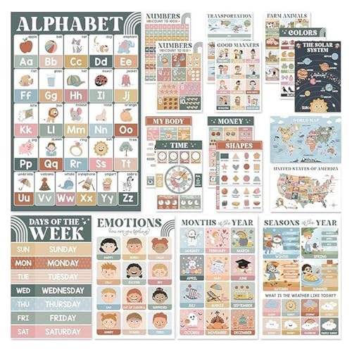 Lernposter für Kleinkinder, 18 x Wandposter im Bohemian-Stil, farbenfrohe, beruhigende Klassenzimmer-Dekoration, Vorschulaktivitäten für Kindergarten, Grundschule, Kindergarten Lernposter für Kleinkinder, 18 x Wandposter im Bohemian-Stil, farbenfrohe, beruhigende Klassenzimmer-Dekoration, Vorschulaktivitäten für Kindergarten, Grundschule, Kindergarten von Stronrive