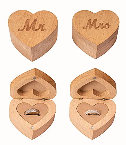 STROVA Herzförmige Ringbox aus Holz für Eheringe - 2er Set mit Gravur Mr. & Mrs. Schriftzug - Ringträgerbox für Display oder persönliche Organizer - Jutekissen und Magnetverschluß von Strova