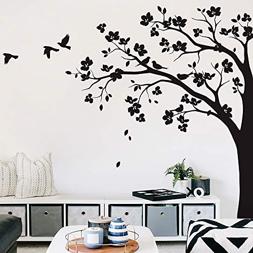 Große Ecke Baum Wandaufkleber Wandtattoo mit großen Blüten, Vögel und Blätter Kinderzimmer Wandkunst Aufkleber Wandbild 087 (Äste nach links, Alles in Schwarz) von Studio Quee