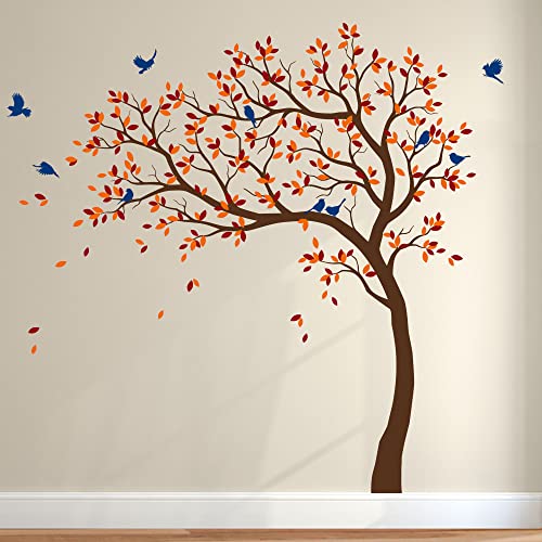 Großer Baum Wandaufkleber Kinderzimmer Wand Baum Aufkleber mit Vögeln Baum Wandsticker Wandtattoo Vinyl Wanddekor KW032 (Äste nach links, Braun; Hellorange; Dunkelrot; Blau) von Studio Quee