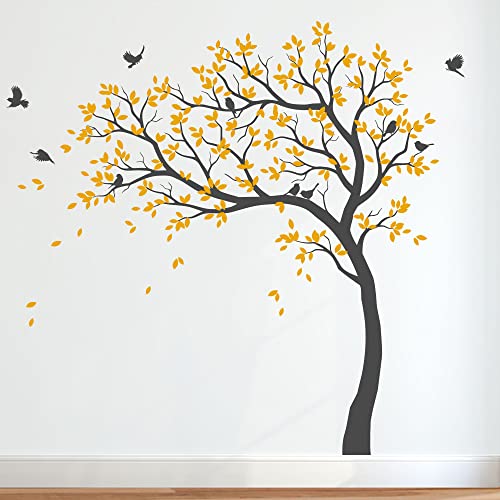Großer Baum Wandaufkleber Kinderzimmer Wand Baum Aufkleber mit Vögeln Baum Wandsticker Wandtattoo Vinyl Wanddekor KW032 (Äste nach links, Dunkelgrau; Signalgelb) von Studio Quee