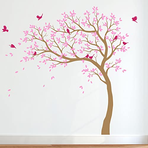 Großer Baum Wandaufkleber Kinderzimmer Wand Baum Aufkleber mit Vögeln Baum Wandsticker Wandtattoo Vinyl Wanddekor KW032 (Äste nach links, Hellbraun, Weiches Rosa; Heißes Rosa) von Studio Quee