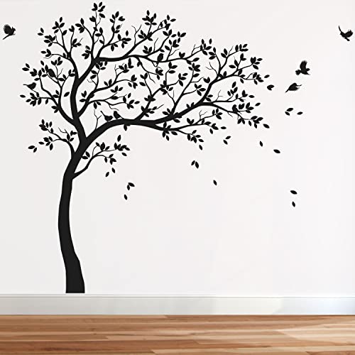 Großer Baum Wandaufkleber Kinderzimmer Wand Baum Aufkleber mit Vögeln Baum Wandsticker Wandtattoo Vinyl Wanddekor KW032 (Äste nach rechts, Alles in Schwarz) von Studio Quee