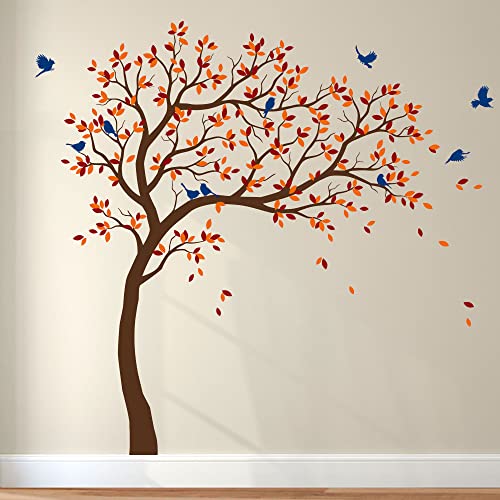 Großer Baum Wandaufkleber Kinderzimmer Wand Baum Aufkleber mit Vögeln Baum Wandsticker Wandtattoo Vinyl Wanddekor KW032 (Äste nach rechts, Braun; Hellorange; Dunkelrot; Blau) von Studio Quee