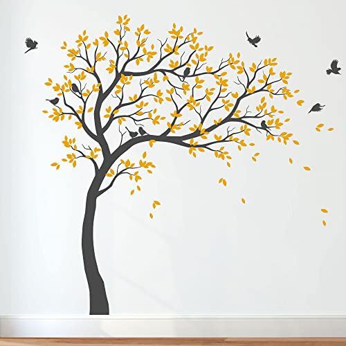 Großer Baum Wandaufkleber Kinderzimmer Wand Baum Aufkleber mit Vögeln Baum Wandsticker Wandtattoo Vinyl Wanddekor KW032 (Äste nach rechts, Dunkelgrau; Signalgelb) von Studio Quee