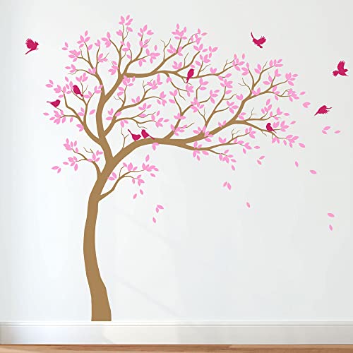 Großer Baum Wandaufkleber Kinderzimmer Wand Baum Aufkleber mit Vögeln Baum Wandsticker Wandtattoo Vinyl Wanddekor KW032 (Äste nach rechts, Hellbraun, Weiches Rosa; Heißes Rosa) von Studio Quee