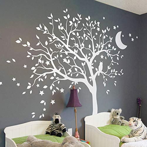 Großer Baum Wandaufkleber mit Eule, Mond und Sternen Kinderzimmer Wandbild Dekoration 088 (Äste nach links, Alles Weiß) von Studio Quee