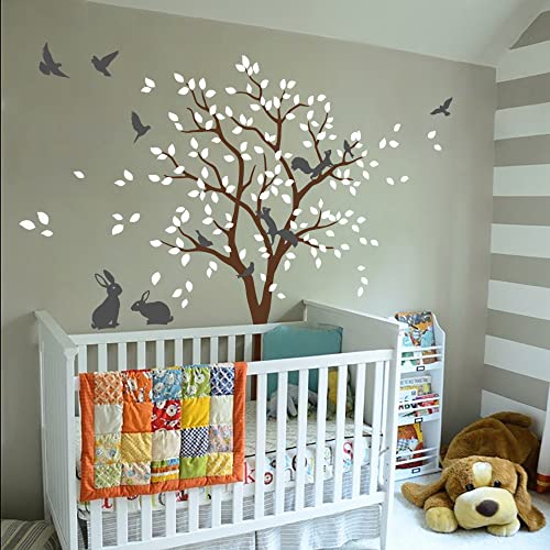 Großer Baum Wandaufkleber mit Vögeln, Eichhörnchen und Kaninchen Hasen Kinderzimmer Wanddekoration 095 (Braun, Weiß, Dunkelgrau) von Studio Quee