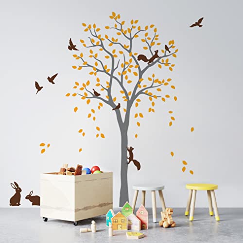 Großer Baum Wandaufkleber mit Vögeln, Eichhörnchen und Kaninchen Hasen Kinderzimmer Wanddekoration 095 (Grau, Goldgelb, Braun) von Studio Quee