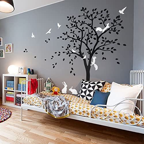 Großer Baum Wandaufkleber mit Vögeln, Eichhörnchen und Kaninchen Hasen Kinderzimmer Wanddekoration 095 (Schwarz, Weiß) von Studio Quee