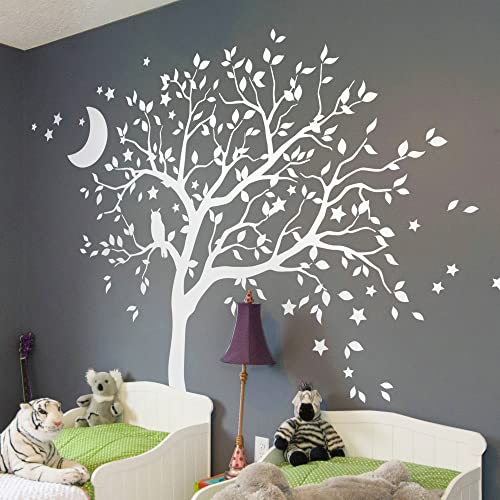 Studio Quee Großer Baum Wandaufkleber mit Eule, Mond und Sternen Kinderzimmer Wandbild Dekoration 088 (Äste nach rechts, Alles Weiß) von Studio Quee