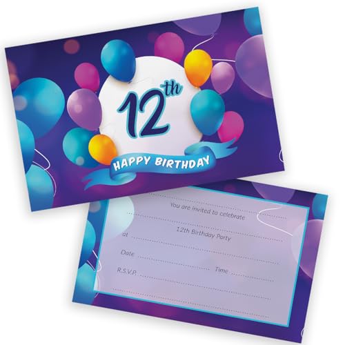Party-Einladungen zum 12. Geburtstag für Kinder – Happy Balloons 36 Stück – Kindergeburtstagseinladungen für Jungen/Mädchen A6 Geburtstagsparty-Einladungskarten mit Klappumschlägen Party-Einladungen zum 12. Geburtstag für Kinder – Happy Balloons 36 Stück – Kindergeburtstagseinladungen für Jungen/Mädchen A6 Geburtstagsparty-Einladungskarten mit Klappumschlägen von Stuff4