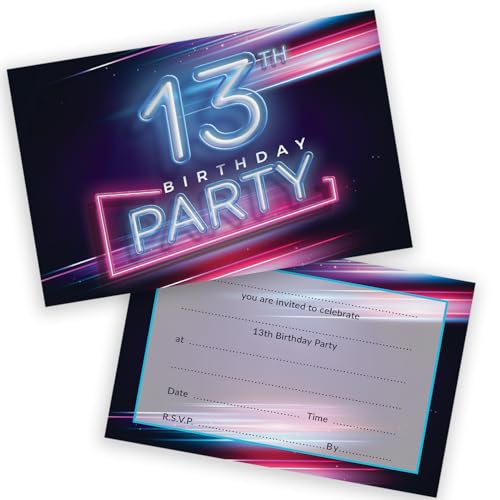 Party-Einladungen zum 13. Geburtstag für Teenager – Disco Neonlichter – Kindergeburtstagseinladungen für Jungen/Mädchen A6 Geburtstagsparty-Einladungskarten mit Klappumschlägen, 28 Stück von Stuff4