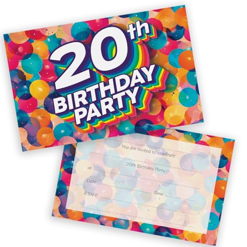 Party-Einladungen zum 20. Geburtstag, für Männer und Frauen, Regenbogen-Luftballons, 20 Stück, für Erwachsene, Geburtstagseinladungen für Freunde, Familie, A6, Geburtstagsparty-Einladungskarten mit Party-Einladungen zum 20. Geburtstag, für Männer und Frauen, Regenbogen-Luftballons, 20 Stück, für Erwachsene, Geburtstagseinladungen für Freunde, Familie, A6, Geburtstagsparty-Einladungskarten mit von Stuff4