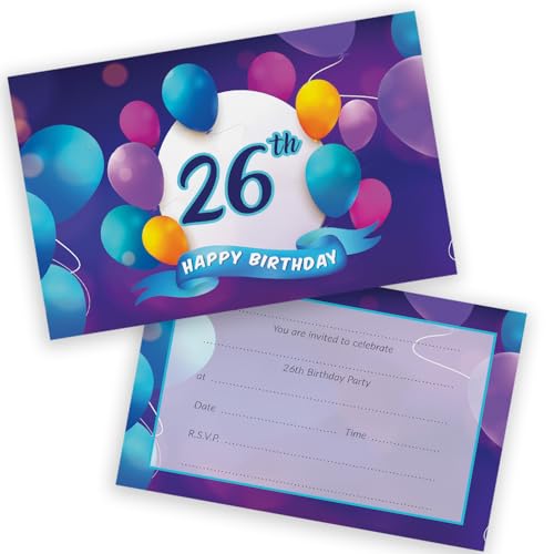 Party-Einladungen zum 26. Geburtstag, für Männer und Frauen, Happy Balloons, 36 Stück, für Erwachsene, Geburtstagseinladungen für Freunde, Familie, A6, Geburtstagsparty-Einladungskarten mit von Stuff4