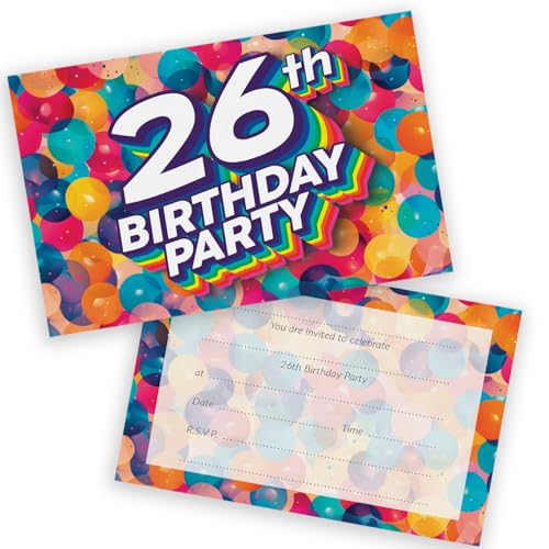 Party-Einladungen zum 26. Geburtstag, für Männer und Frauen, Regenbogen-Luftballons, 28 Stück, für Erwachsene, Geburtstagseinladungen für Freunde, Familie, A6, Geburtstagsparty-Einladungskarten mit Party-Einladungen zum 26. Geburtstag, für Männer und Frauen, Regenbogen-Luftballons, 28 Stück, für Erwachsene, Geburtstagseinladungen für Freunde, Familie, A6, Geburtstagsparty-Einladungskarten mit von Stuff4
