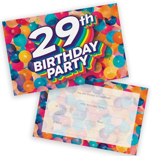 Party-Einladungen zum 29. Geburtstag, für Männer und Frauen, Regenbogen-Luftballons, 20 Stück, für Erwachsene, Geburtstagseinladungen für Freunde, Familie, A6, Geburtstagsparty-Einladungskarten mit Party-Einladungen zum 29. Geburtstag, für Männer und Frauen, Regenbogen-Luftballons, 20 Stück, für Erwachsene, Geburtstagseinladungen für Freunde, Familie, A6, Geburtstagsparty-Einladungskarten mit von Stuff4