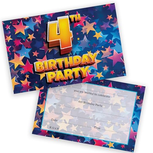 Party-Einladungen zum 4. Geburtstag für Kinder – Celebration Stars 28 Stück – Kindergeburtstagseinladungen für Jungen/Mädchen A6 Geburtstagsparty-Einladungskarten mit Klappumschlägen Party-Einladungen zum 4. Geburtstag für Kinder – Celebration Stars 28 Stück – Kindergeburtstagseinladungen für Jungen/Mädchen A6 Geburtstagsparty-Einladungskarten mit Klappumschlägen von Stuff4