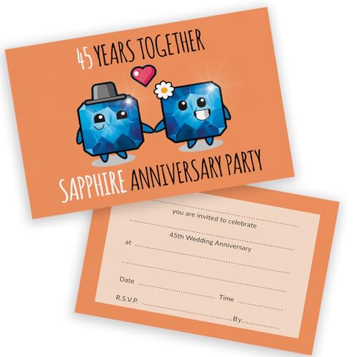 Party-Einladungen zum 45. Hochzeitstag – 45 Jahre zusammen, 20 Stück – Einladungen zum Hochzeitstag für Freunde und Familie, A6, Partyeinladungen, Einladungskarten mit Klappumschlägen Party-Einladungen zum 45. Hochzeitstag – 45 Jahre zusammen, 20 Stück – Einladungen zum Hochzeitstag für Freunde und Familie, A6, Partyeinladungen, Einladungskarten mit Klappumschlägen von Stuff4