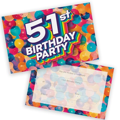 Party-Einladungen zum 51. Geburtstag, für Männer und Frauen, Regenbogen-Luftballons, 20 Stück, für Erwachsene, Geburtstagseinladungen für Freunde, Familie, A6, Geburtstagsparty-Einladungskarten mit Party-Einladungen zum 51. Geburtstag, für Männer und Frauen, Regenbogen-Luftballons, 20 Stück, für Erwachsene, Geburtstagseinladungen für Freunde, Familie, A6, Geburtstagsparty-Einladungskarten mit von Stuff4