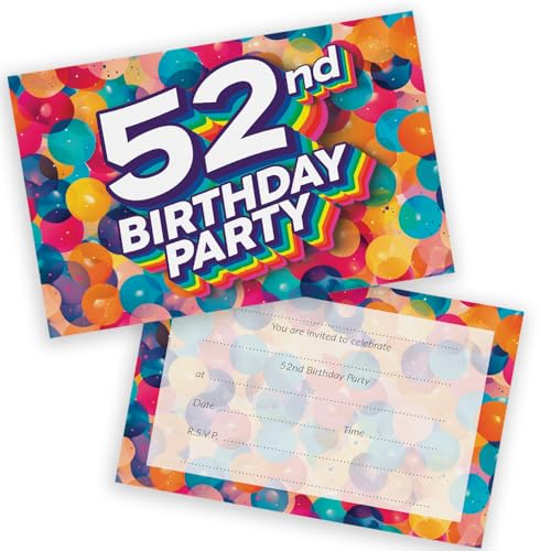 Party-Einladungen zum 52. Geburtstag, für Männer und Frauen, Regenbogen-Luftballons, 20 Stück, für Erwachsene, Geburtstagseinladungen für Freunde, Familie, A6, Geburtstagsparty-Einladungskarten mit Party-Einladungen zum 52. Geburtstag, für Männer und Frauen, Regenbogen-Luftballons, 20 Stück, für Erwachsene, Geburtstagseinladungen für Freunde, Familie, A6, Geburtstagsparty-Einladungskarten mit von Stuff4